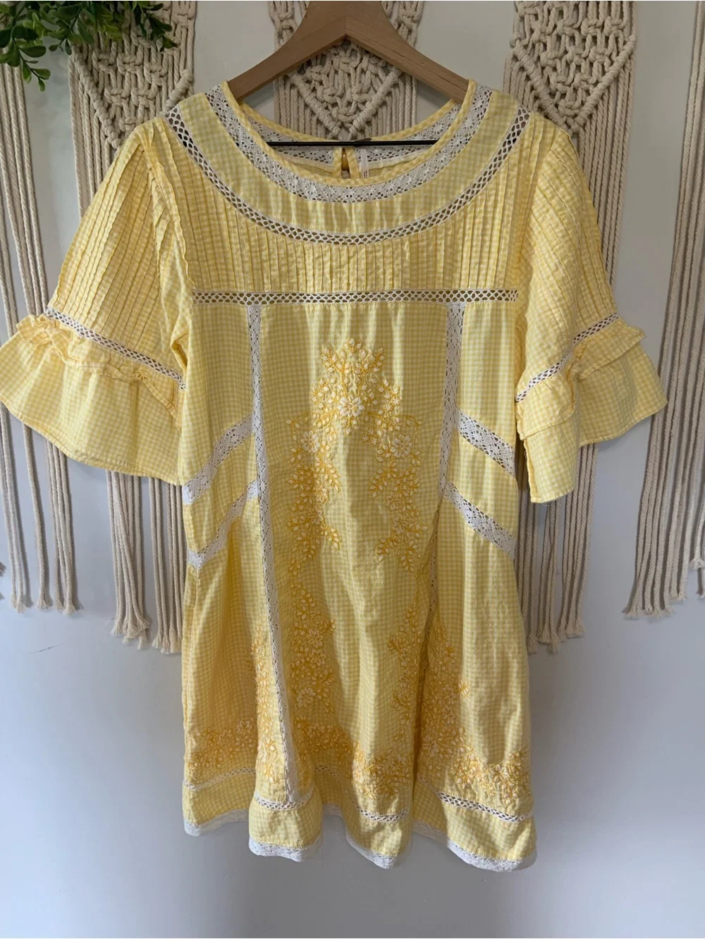 FREE PEOPLE Sunny Day Yellow Gingham Cotton Lace Dress Medium - Picture 2 of 10